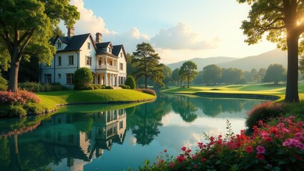 Serene Lakeside Estate with Expansive Green Lawn and Reflecting Pond at Sunrise