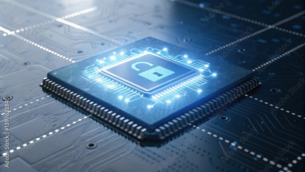 Poster innovative microchip design with glowing circuits on a dark background.