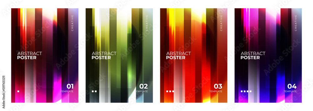Aufkleber Set of abstract posters. Prism effect. Defocused bright colored backgrounds with vertical dynamic lines. Futuristic blurred vibrant color gradients for creative graphic design. Vector illustration. 