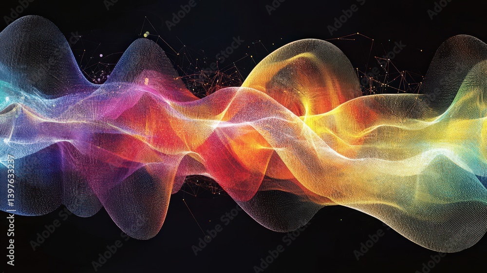 Poster quantum computing visualization with vibrant energy waves, multi-dimensional connections, and advanc