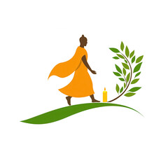 An illustration of a figure in an orange robe walking on a green hill, accompanied by a leaf and a candle, symbolizing peace and spirituality.