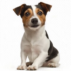 A small adorable dog with multicolored fur sitting peacefully on a white surface