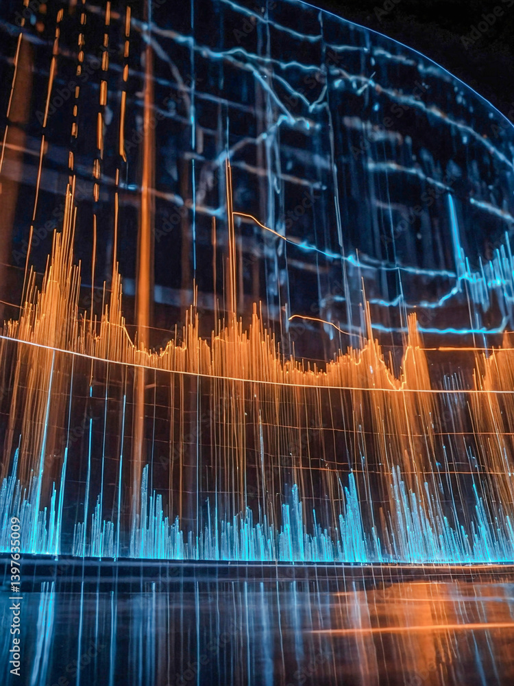 Poster dynamic data visualization with blue and orange lights.
