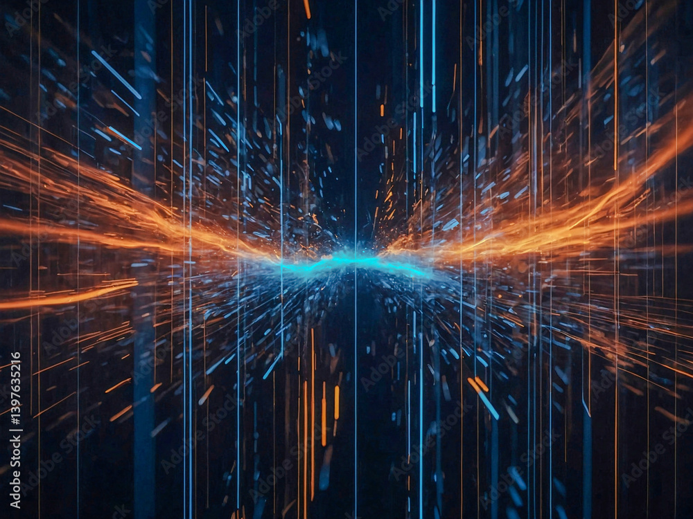 Poster dynamic data visualization with blue and orange lights.