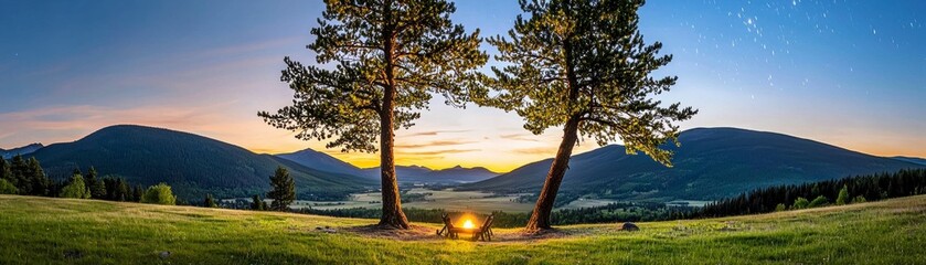 Naklejka premium Campfire gathering at twilight serene valley landscape photography natural environment panoramic view tranquility