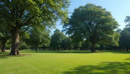 Lush Green Park Landscape Large Trees Sunny Day Background