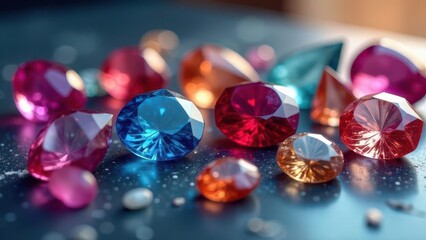 A Collection of Sparkling Gemstones with Vivid Hues and Brilliant Facets, Displayed on a Dark Surface