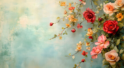 Flowers composition. Bouquet of pink roses in pastel colors. Flatlay. stock photo
