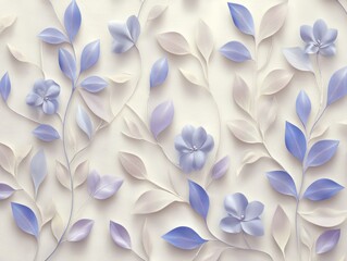 Intricate 3D leaves featuring detailed veins, in a range of purple and beige shades, flow across a background that is both textured and wavy, creating a pattern that is sophisticated and serene
