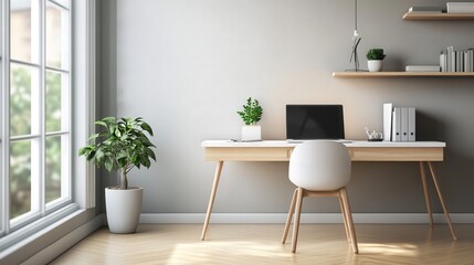 A spacious, clutter-free home office designed for focus. A laptop sits on a modern desk