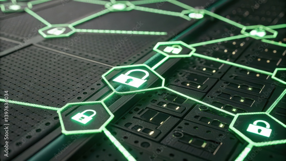 Poster digital network with security icons and connections in green tones.
