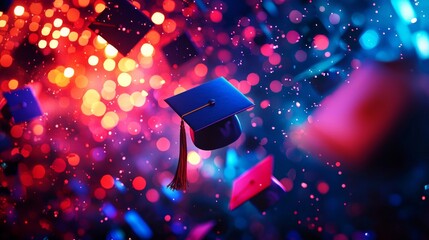 Colorful Graduation Cap Floating in Vibrant Abstract Background