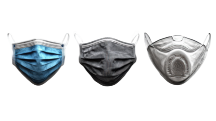 Three different types of protective masks displayed on a plain background, showcasing various designs and materials