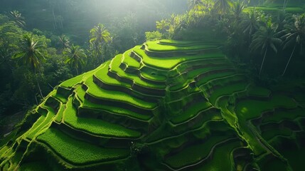 Lush green terraced rice paddies