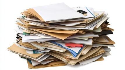 A stack of business documents neatly arranged on a white background, representing productivity.