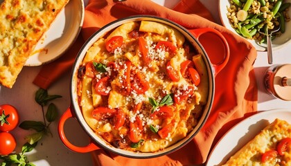 Baked Pasta Dish Topped With Tomatoes And Basil Overhead View Ready To Eat