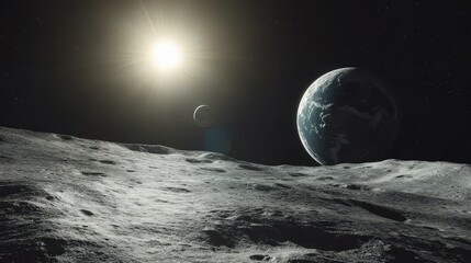 A realistic depiction of Earth and the Moon, with the Sun casting light on their surfaces