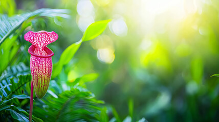 vibrant pitcher plant stands out against lush green background, showcasing its unique shape and colors. sunlight filters