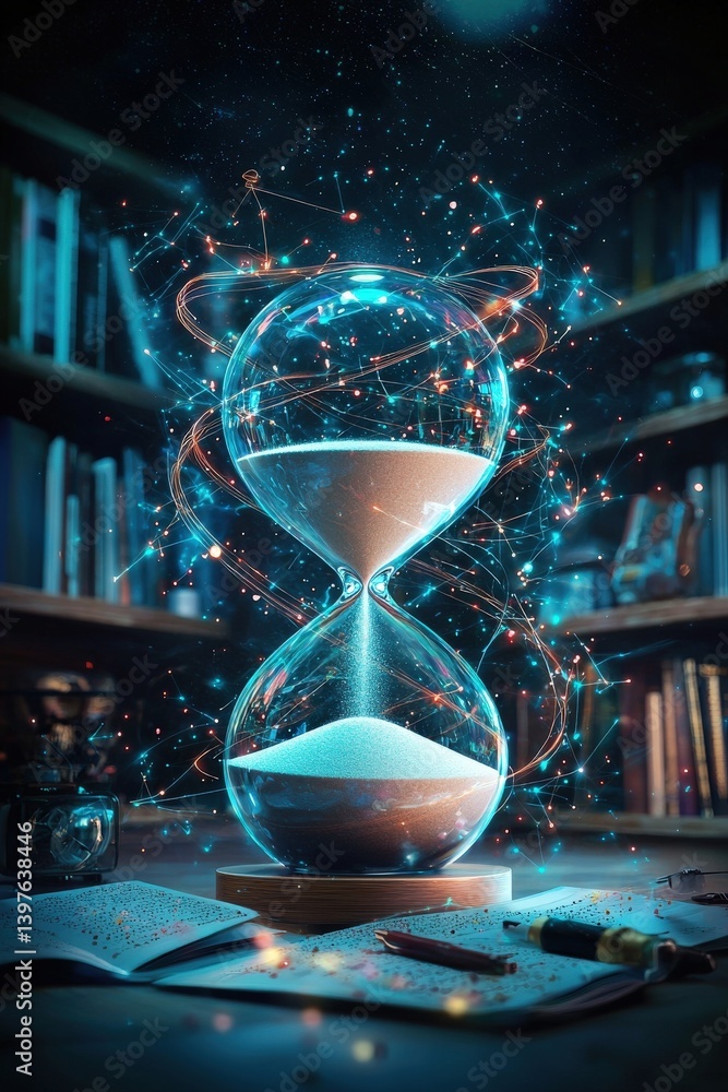 Poster a surreal image of an hourglass where sand transforms into knowledge, critical thinking skills