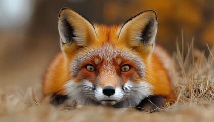 Fototapeta premium Close-up portrait of a red fox lying in dry grass with blurry autumnal background