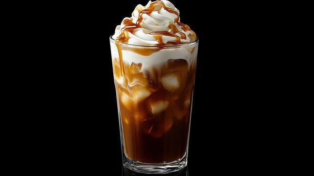A refreshing iced coffee with whipped cream and caramel drizzle, served in a tall glass