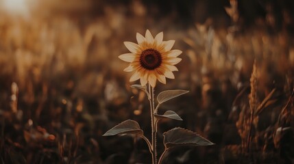 Single sunflower in a field at sunset