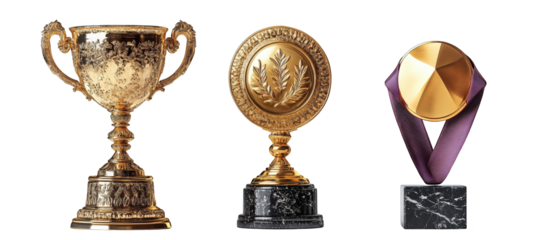 Three distinct awards displayed prominently, showcasing a cup, a gold medal, and a geometric trophy on a clean background