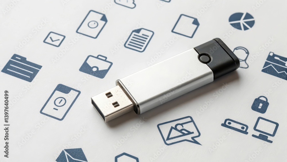 Poster usb drive on a background of various digital icons and files.
