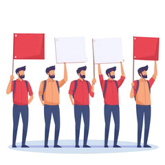 Fototapeta premium Five individuals holding up red and white protest signs, standing together in a united stance, symbolizing activism and social change against a clear backdrop.