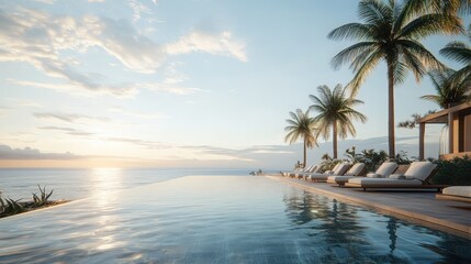 A relaxing beachside infinity pool overlooking the ocean, with palm trees swaying in the background.