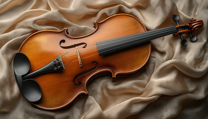 Obraz premium High-angle, close-up view of a polished wooden violin resting on a beige silk or satin fabric with soft, draped folds.