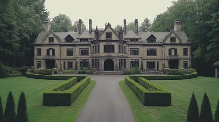 Grand estate mansion, tranquil gardens, scenic driveway, overcast day