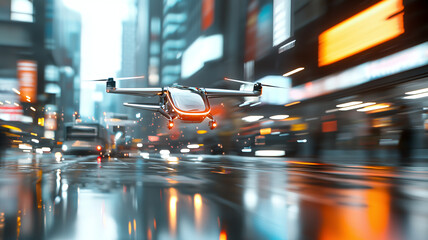 futuristic drone flying through bustling city street, showcasing advanced technology amidst vibrant urban lights