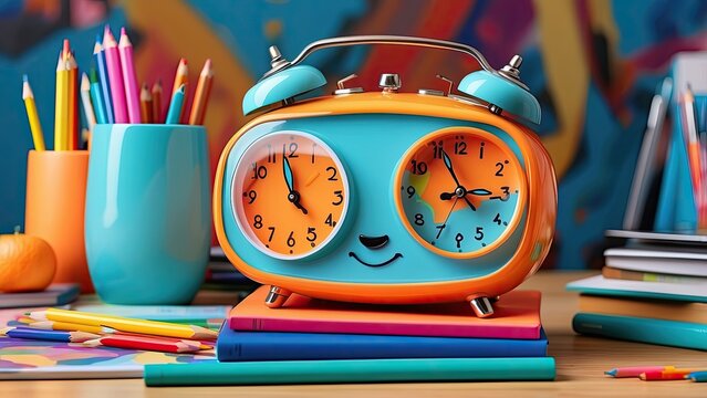 A close-up of a cheerful orange and blue alarm clock with large eyes, sitting atop a stack of colorful notebooks