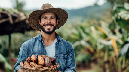 Fototapeta premium Smiling Farmer Holding a Basket of Ripe Cocoa Pods in Vibrant Green Field