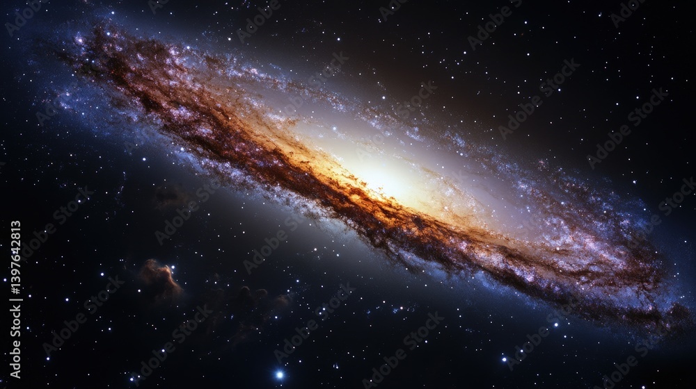 Poster a striking edge-on view of a spiral galaxy, its thin disk appearing like a glowing blade in space