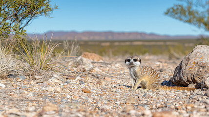 curious meerkat stands on rocky terrain, surrounded by sparse vegetation and distant mountains, showcasing its playful nature