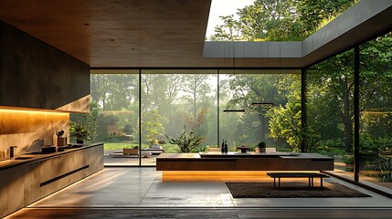 Glass box kitchen with garden view modern elegance led lighting high resolution picture