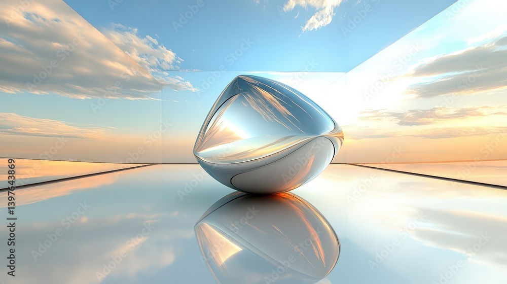 Poster a stunning abstract 3d shape floating in an infinite void, reflecting and refracting light in unique