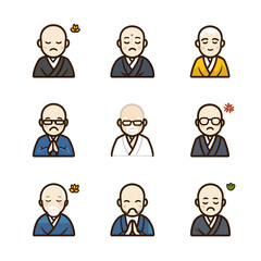 Set of nine illustrations showing various expressions of Buddhist monks, depicting emotions like happiness, sadness, and tranquility on a white isolated background.