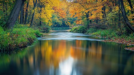 A river flowing gently through a peaceful forest, reflecting the colors of the surrounding trees.