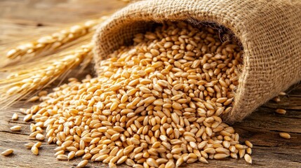 Wheat grains spilling from burlap sack (1)
