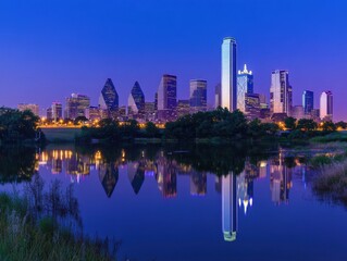 Naklejka premium City skyline at twilight with panoramic view and space for text