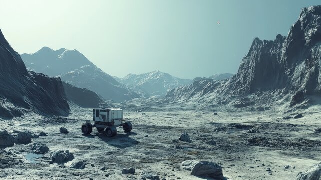robotic rover exploring the surface of an unknown exoplanet, analyzing the rocky terrain