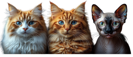 Three distinct cat breeds showcasing unique fur patterns and eye colors against a neutral backdrop