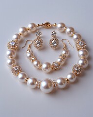 A pearl and rhinestone wedding jewelry jewelry set in plain white background