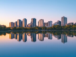 Obraz premium City skyline reflected in water during golden hour with copy space above