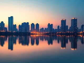 Fototapeta premium City skyline reflected in water during golden hour with copy space above