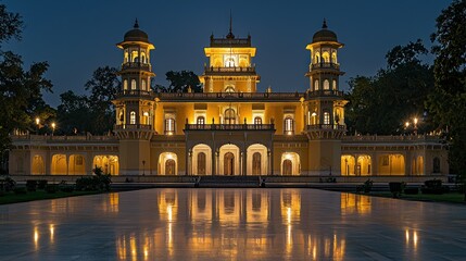 Fototapeta premium Illuminated Palace Reflecting in Water at Dusk
