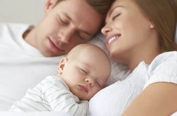 Caring Parents Embrace Newborn in Cozy Home Setting Family Portrait Indoor Warm Atmosphere Intimate Moment